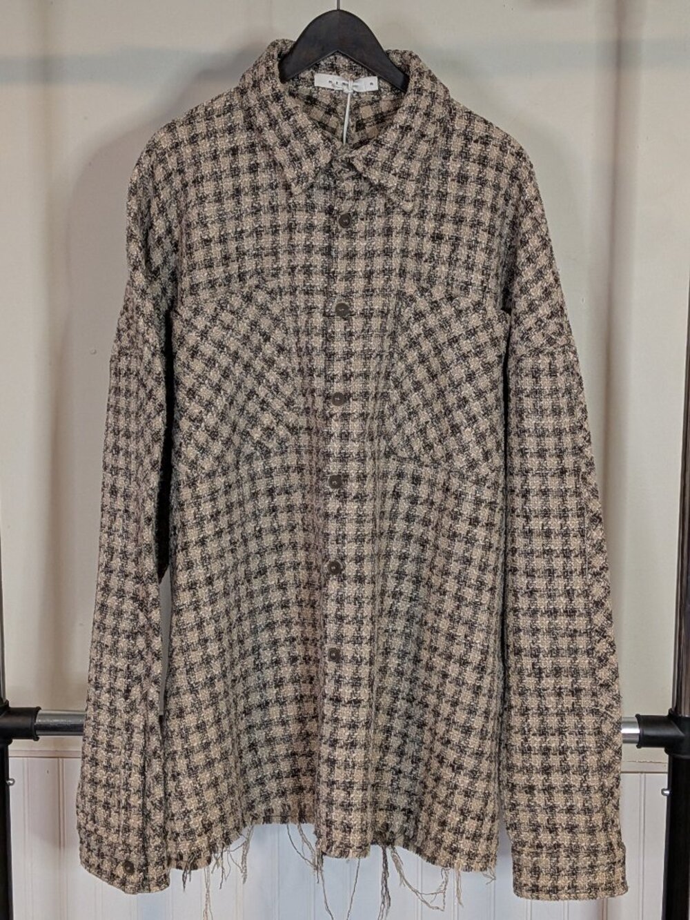 MNML Men’s XL Plaid Tweed Flannel Shirt Jacket Shacket Beige Black NWT